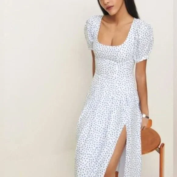 NEW Reformation Coucou Midi Linen Dress Hanna White Blue Floral | US 4 UK 8 - Picture 3 of 15